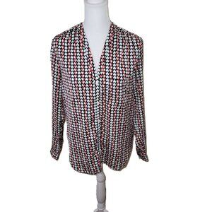 GAP V-Neck Blouse Red & Blue Hearts Pattern Long Sleeves Flowy Women's Size XS